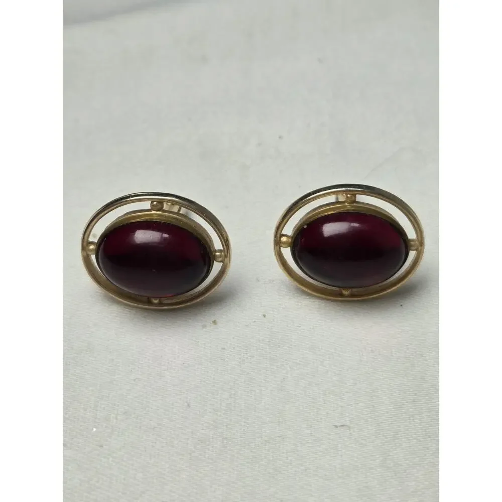 Anson Cufflinks Mens OS Burgundy Gold Cabochon Vintage Mid-Century Formal